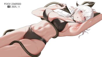 1girl absurdres arm_up armpits black_choker black_horns black_nails black_panties black_tail blush breasts cameltoe choker commentary curled_horns dated demon_tail earrings fingernails grey_hair groin hair_between_eyes hand_up highres holding_own_tail horns jewelry key_earrings large_breasts long_hair looking_at_viewer lying mole mole_on_breast nail_polish navel on_back panties parted_lips pixiv_id presenting_armpit red_eyes simple_background solo stomach sweat tail tail_wrap underwear underwear_only white_background wuthering_waves xiyu_yy zani_(wuthering_waves)