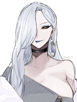 1girl bare_shoulders blue_tongue breasts choker cleavage collarbone colored_tongue dress earrings eyeliner fate/grand_order fate_(series) grey_dress hair_over_one_eye highres hoop_earrings hsd_7 jacket jewelry large_breasts long_hair long_sleeves looking_at_viewer makeup mrs._snake_(fate) off_shoulder smile solo sweater sweater_dress tassel tongue tongue_out white_background white_hair white_jacket yellow_eyes