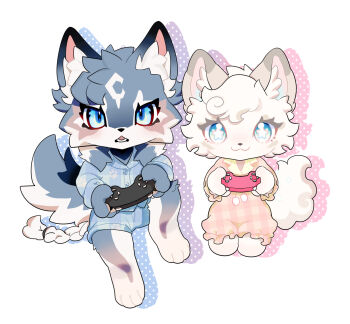 1boy 1girl animal_ears animal_feet animal_hands blue_eyes braid brother_and_sister caesar_(fluffy_land) commentary controller deformed digitigrade dyana_(fluffy_land) english_commentary family_bonding fluffy_land furry furry_female furry_male grey_fur highres holding holding_controller kikugawa_ru official_art pajamas playing_games short_hair siblings simple_background star-shaped_pupils star_(symbol) symbol-shaped_pupils tail white_background white_fur wolf_boy wolf_ears wolf_girl wolf_tail