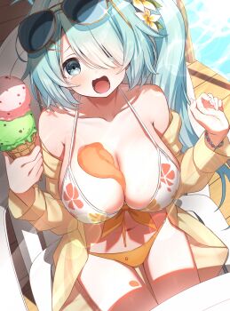 1girl absurdres aqua_hair bikini blue_archive bracelet breasts cleavage commentary_request crying crying_with_eyes_open eyewear_on_head floral_print floral_print_bikini flower food food_on_body food_on_breasts hair_flower hair_ornament hair_over_one_eye highres hiyori_(blue_archive) hiyori_(swimsuit)_(blue_archive) ice_cream ice_cream_cone ice_cream_cone_spill jacket jewelry large_breasts long_hair long_sleeves looking_at_viewer official_alternate_costume open_mouth orange_bikini print_bikini ringopan see-through_clothes see-through_jacket side_ponytail solo sunglasses swimsuit tears