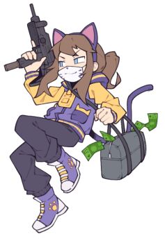 1girl a_hat_in_time animal_ear_hairband animal_ears animal_print bag banknote blue_eyes brown_hair cat_ear_hairband cat_ears cat_print child commentary duffel_bag english_commentary fake_animal_ears fake_tail fujimna full_body grey_bag gun hairband hat_kid holding holding_gun holding_weapon jacket long_sleeves mask money mouth_mask multicolored_jacket official_alternate_costume pants paw_print ponytail purple_hairband purple_jacket purple_pants purple_shoes purple_tail shoes sidelocks simple_background solo submachine_gun tail two-tone_jacket weapon white_background white_mask yellow_jacket zipper_pull_tab