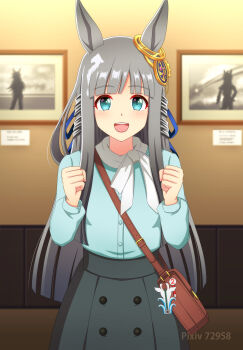 1girl animal_ears art_gallery bag blue_eyes blunt_bangs blush breasts casual chrono_genesis_(casual)_(umamusume) chrono_genesis_(umamusume) commentary_request hair_between_eyes hair_ornament highres horse_girl kasumi_uzuki long_hair looking_at_viewer open_mouth satchel small_breasts solo umamusume