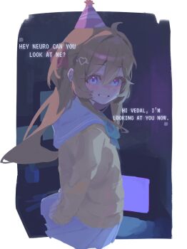 1girl absurdres ae_h1ryu ahoge blue_eyes blue_sailor_collar blue_skirt brown_hair cardigan english_text from_side grin hair_between_eyes hair_ornament hair_ribbon hashtag-only_commentary hat heart heart_hair_ornament highres indoors long_hair long_sleeves looking_at_viewer looking_to_the_side neuro-sama party_hat pleated_skirt red_ribbon ribbon sailor_collar skirt smile solo two_side_up vedal_ai virtual_youtuber yellow_cardigan