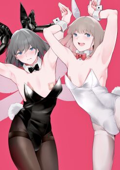 2boys absurdres animal_ears bandaid bandaids_on_nipples black_bow black_bowtie black_bunny_ears black_gloves black_leotard black_pantyhose blonde_hair blue_eyes blush bow bowtie bulge bunny_ears_pose closed_mouth commentary_request detached_collar dual_persona elbow_gloves fake_animal_ears fate/grand_order fate_(series) frown furrowed_brow gloves grey_hair hands_up highleg highleg_leotard highres insect_wings leotard looking_at_viewer male_focus male_playboy_bunny medium_hair multiple_boys oberon_(fate) oberon_(third_ascension)_(fate) open_mouth pantyhose pasties pink_background pink_bow pink_bowtie playboy_bunny rabbit_ears rabbit_pose rabbit_tail sausu_hitori smile sweat tagme teeth trap upper_teeth_only white_bunny_ears white_cuffs white_detached_collar white_leotard white_pantyhose wings wrist_cuffs