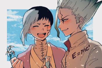 2boys asagiri_gen asymmetrical_hair black_hair blush closed_eyes cloud cracked_skin dr._stone facial_mark flower green_hair grey_hair highres hinabutters holding holding_flower ishigami_senkuu jacket male_focus multicolored_hair multiple_boys open_mouth short_hair sky smile spiked_hair split-color_hair test_tube two-tone_hair white_hair