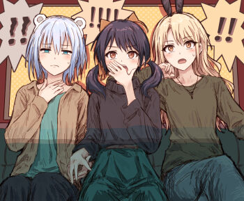 ! !! 3girls bang_dream! bang_dream!_girls_band_party! black_hair black_pants black_sweater blonde_hair blue_eyes blue_hair blue_pants brown_jacket brown_shirt clothes_lift colored_speech_bubble commentary futaba_tsukushi green_shirt green_skirt hand_on_own_neck highres holding_hands jacket jewelry kirigaya_toko kurata_mashiro long_hair long_sleeves multiple_girls necklace open_clothes open_jacket open_mouth orange_eyes pants shirt short_hair sitting skirt speech_bubble spoken_exclamation_mark sweater twintails watching_movie yukitake_(bullfalk)