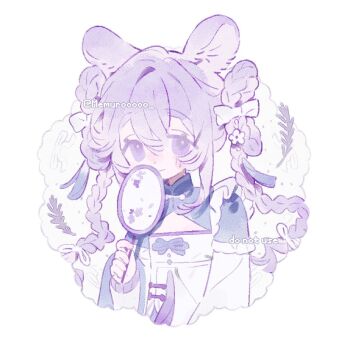 1girl animal_ear_fluff animal_ears blush bow braid chinese_clothes dress flower folding_fan frills hair_between_eyes hair_bow hair_flower hair_ornament hand_fan long_hair long_sleeves memuro mouse_ears original purple_eyes purple_hair simple_background solo upper_body white_background
