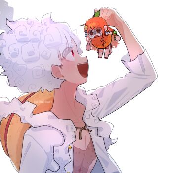 Rule 34 | 1boy, 1girl, athydrawz, bangle, bracelet, brown eyes, commentary request, food, fruit, gear fifth, hair ornament, hat, highres, japanese clothes, jewelry, kimono, lifting person, log pose, long hair, looking at another, mandarin orange, mini person, minigirl, monkey d. luffy, nami (one piece), official alternate costume, one piece, open clothes, open mouth, open shirt, orange hair, red eyes, red kimono, scar, scar on chest, shaded face, shirt, shoulder tattoo, sleeveless, sleeveless kimono, straw hat, tattoo, tears, transformation, twitter username, unworn hat, unworn headwear, upper body, white hair, white shirt