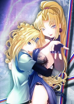 2girls arc_system_works blonde_hair blue_eyes breasts character_name crossover earrings guilty_gear headband high_ponytail hug jewelry large_breasts leotard long_hair melficexd millia_rage multiple_girls one_eye_closed ponytail sideboob smile sofia sofia_(toushinden) tamsoft toushinden trait_connection wink