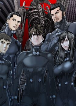 1girl beard black_bodysuit black_hair bodysuit breasts brown_eyes building closed_mouth crossed_arms facial_hair gantz gantz_suit goatee hair_between_eyes hair_slicked_back highres katou_masaru kaze_daizaemon kurono_kei large_breasts latex latex_bodysuit lips long_hair long_sideburns looking_at_viewer mecha muscular muscular_male mustache official_art oku_hiroya red_sky robot sakurai_hiroto_(gantz) shimohira_reika short_hair sideburns skin_tight sky standing swept_bangs thick_eyebrows tsurime v-shaped_eyebrows very_short_hair