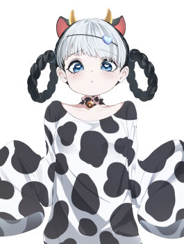 1girl absurdres alternate_costume animal_ears animal_print bambinata_(pgr) bell black_hair blue_eyes braid braided_hair_rings choker closed_mouth collar collarbone collared_shirt commentary_request cow_ears cow_print diagonal_bangs fake_animal_ears frilled_collar frills hair_ornament hair_rings heart heart_hair_ornament heart_in_eye highres horns light_blush long_sleeves looking_at_another multicolored_hair neck_bell punishing:_gray_raven shirt short_hair simple_background sleeves_past_fingers sleeves_past_wrists solo symbol_in_eye takashi_san two-tone_hair upper_body white_background white_choker white_hair white_shirt yellow_horns