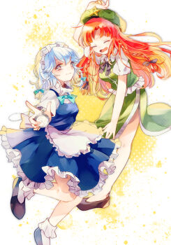 2girls ^_^ apron aqua_bow aqua_bowtie bare_legs beret black_bow black_shoes blue_dress blue_shoes blush bobby_socks bow bowtie braid braided_sidelock clock closed_eyes commentary_request commission dress frilled_apron frills green_hat green_skirt green_vest grey_hair hair_bow hat hat_ornament holding_clock hong_meiling izayoi_sakuya long_braid long_hair multiple_girls nig_18 orange_hair petticoat pinafore_dress shirt shoes short_sleeves skirt skirt_set sleeveless sleeveless_dress smile socks star_(symbol) star_hat_ornament straight_hair touhou twin_braids very_long_hair vest waist_apron white_apron white_shirt white_socks
