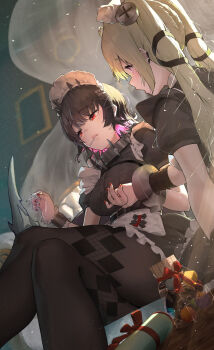 2girls apron belt black_belt black_dress black_hair black_pantyhose blurry blurry_background breasts candy chocolate colored_inner_hair commentary_request corin_wickes crossed_legs cuffs dress dutch_angle ellen_joe fins fish_tail food frilled_wristband frills green_hair hairband highres holding_hands large_breasts lollipop long_hair maid maid_apron maid_headdress metal_hairband mmk_(majinai_no_mori) mole mole_under_eye multicolored_hair multiple_girls pantyhose puffy_short_sleeves puffy_sleeves purple_eyes red_eyes red_nails revision screw_hair_ornament shark_girl shark_tail short_hair short_sleeves sitting spiked_headband tail twintails valentine white_apron wristband yuri zenless_zone_zero