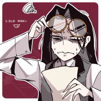 1boy arm_up bags_under_eyes black_eyes black_hair commentary english_commentary english_text evermuunn eyewear_lift glasses grey_vest hazbin_hotel hellaverse highres holding holding_paper long_hair male_focus paper red_background round_eyewear shaded_face shirt simple_background sir_pentious sir_pentious_(human) sweat upper_body vest white_shirt