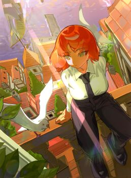 Rule 34 | 1girl, bird, black necktie, black pants, black shoes, bow, breasts, collared shirt, commentary, freckles, full body, green eyes, hair bow, highres, ishmael (project moon), large breasts, limbus company, long hair, necktie, ocean, orange hair, pants, pigeon, project moon, shirt, shoes, sitting, solo, yongsadragon