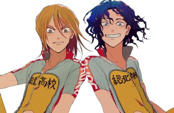 2boys aoyagi_hajime bad_id bad_pixiv_id blonde_hair blue_eyes blue_hair clothes_writing curly_hair grin long_hair looking_at_viewer male_focus multiple_boys short_sleeves smile sportswear teshima_junta white_background wind yellow_eyes yowamushi_pedal yuzumisuzu zipper