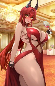 Rule 34 | 1girl, absurdres, alcohol, bare shoulders, black gloves, blush, breasts, choker, cleavage, cup, dress, drinking glass, fingerless gloves, gloves, goddess of victory: nikke, highres, horns, large breasts, long hair, looking at viewer, mechanical horns, navel, open mouth, raskasar, red dress, red hair, red hood (nikke), red hood (nonsense red) (nikke), side slit, smile, solo, thighs, wine, wine glass, yellow eyes