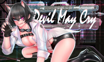1girl absurdres animal_ear_fluff animal_ears black_gloves black_hair black_shorts breasts cat_ears cat_girl cleavage commentary copyright_name devil_may_cry_(series) devil_may_cry_5 english_commentary fingerless_gloves gloves goggles goggles_around_neck hair_between_eyes heterochromia highres himuro-rogue jacket lady_(devil_may_cry) large_breasts looking_at_viewer scar scar_on_face scar_on_nose shorts smile solo tongue tongue_out white_jacket