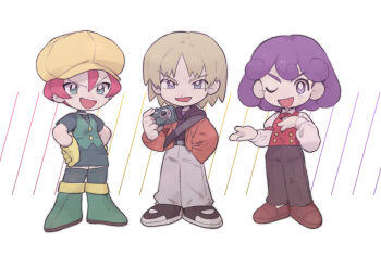 1boy 2girls :d ;d aqua_shirt aqua_thighhighs black_hoodie black_pants black_shoes blonde_hair boots bow bowtie bright_pupils brown_shoes burgundy_(pokemon) buttons camera chibi chibi_only commentary_request dot_nose eyelashes full_body georgia_(pokemon) gloves green_boots green_eyes green_vest grey_jacket grey_pants hair_between_eyes hand_in_pocket hands_on_own_hips hat holding holding_camera hood hood_down hoodie jacket long_sleeves mimura_(nnnnnnnnmoo) multiple_girls nintendo one_eye_closed open_clothes open_jacket open_mouth pants pink_hair pokemon pokemon_(anime) pokemon_bw_(anime) purple_eyes purple_hair red_bow red_bowtie red_vest shirt shoes short_hair simple_background smile standing thighhighs trip_(pokemon) v-shaped_eyebrows vest white_background white_pupils white_shirt yellow_gloves yellow_hat