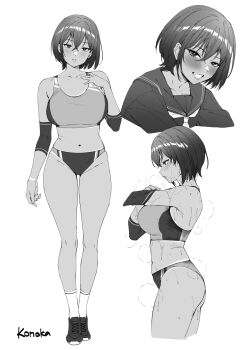 1girl black_hair black_shoes blush breasts commentary deras elbow_gloves english_commentary gloves grin heavy_breathing highres monochrome navel original school_uniform serafuku shoes short_hair smile sports_bikini steam sweat tan white_background