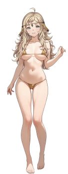 1girl bikini blonde_hair breasts circlet cleavage fire_emblem fire_emblem_fates gluteal_fold grey_eyes long_hair looking_at_viewer medium_breasts messy_hair navel nintendo ophelia_(fire_emblem) simple_background skindentation solo swimsuit vodka13 white_background
