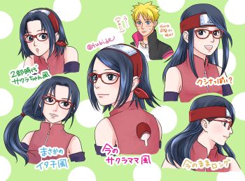 Rule 34 | 1boy, 1girl, :o, alternate hair length, alternate hairstyle, black eyes, black hair, black jacket, blonde hair, blue eyes, blush, boruto: naruto next generations, commentary request, detached sleeves, haruno sakura, highres, jacket, matsu (fu6ide2), naruto (series), naruto shippuuden, open mouth, ponytail, translation request, uchiha sarada, uzumaki boruto