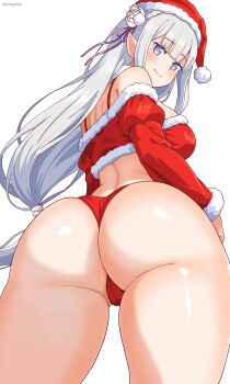 1girl absurdres ass back blunt_bangs breasts christmas closed_mouth commentary_request dress eclyart emilia_(re:zero) flower grey_hair hair_flower hair_ornament hat highres long_hair long_sleeves looking_at_viewer medium_breasts panties pointy_ears purple_eyes re:zero_kara_hajimeru_isekai_seikatsu red_panties rose santa_costume santa_dress santa_hat simple_background smile solo standing thighs underwear white_background white_flower white_rose wide_hips