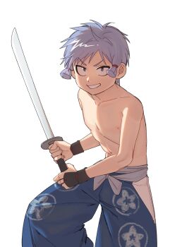 1boy grey_hair hair_tie japanese_clothes looking_at_viewer male_focus nezu_kojirou nige_jouzu_no_wakagimi puewate shota smile solo sword topless_male weapon white_background wristband