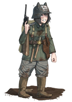 1girl absurdres angry animal_ear_headwear animal_ear_helmet animal_ears animal_helmet black_hair boots brown_boots brown_eyes brown_pants cat_ears cat_girl combat_helmet explosive fake_animal_ears green_jacket grenade gun handgun helmet highres jacket mauser_c96 military military_uniform mud original pants solo stahlhelm stielhandgranate the_zombie5555 weapon wehrmacht white_background