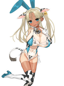 Rule 34 | 1girl, absurdres, animal ear hairband, animal ears, animal print, aqua eyes, aqua leotard, aqua nails, aqua shoes, bell, bfmelu, bikini, blonde hair, bow, bowtie, breasts, buttons, cow ear hairband, cow ears, cow girl, cow print, cow print bikini, cow print sleeves, cow print thighhighs, cow tail, cowbell, dark-skinned female, dark skin, detached collar, detached sleeves, dot nose, ear piercing, ear tag, eyelashes, fake animal ears, fake tail, fang, floating hair, foot out of frame, full body, hair between eyes, hairband, head tilt, high heels, highres, huge breasts, inward v, layered bikini, layered clothes, leg up, leotard, long hair, looking at viewer, mole, mole under eye, nail polish, narrow waist, open mouth, original, parted bangs, piercing, playboy bunny, print bikini, print bow, print bowtie, print sleeves, print thighhighs, rabbit ears, see-through clothes, see-through leotard, shoes, side-tie bikini bottom, sidelocks, simple background, skinny, smile, solo, standing, strapless, strapless leotard, swimsuit, tail, tan, tanline, thighhighs, tongue, translucent bunnysuit, twintails, v, white background