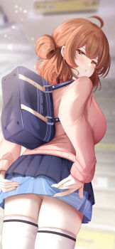 Rule 34 | 1girl, absurdres, ahoge, bag, blue skirt, blurry, blurry background, breasts, brown eyes, brown hair, cardigan, commentary request, from behind, gakuen idolmaster, hair rings, hanami ume, highres, idolmaster, large breasts, long sleeves, looking at viewer, looking back, medium hair, miniskirt, open mouth, panties, pantyshot, pink cardigan, pleated skirt, skirt, sky cappuccino, solo, thighhighs, underwear, white panties, white thighhighs