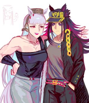 2girls :d absurdres animal_ears arm_around_shoulder bare_shoulders belt black_coat black_hat black_pants black_shirt blunt_bangs breasts chain closed_mouth coat commentary cosplay cowboy_shot ear_covers ears_through_headwear english_commentary eye_contact fenomeno_(umamusume) gakuran gold_chain gold_ship_(umamusume) grey_hair grey_pants hand_in_pocket hat high_collar highres horse_ears horse_girl horse_tail horseshoe_hat_ornament horseshoe_ornament jean_pierre_polnareff jean_pierre_polnareff_(cosplay) jojo_no_kimyou_na_bouken kujo_jotaro_(cosplay) kuujou_joutarou long_coat long_hair looking_at_another medium_breasts miengplazabzab multicolored_belt multiple_belts multiple_girls muscular muscular_female open_clothes open_coat open_mouth pants peaked_cap pillbox_hat pink_eyes school_uniform shirt shirt_tucked_in sleeveless sleeveless_shirt smile standing stardust_crusaders tail trait_connection umamusume v-shaped_eyebrows wristband