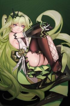 1girl absurdres ass asymmetrical_legwear black_dress black_sleeves black_thighhighs breasts chinese_commentary closed_mouth colored_shoe_soles commentary_request dress earrings fishnet_thighhighs fishnets full_body green_background green_eyes green_hair hair_ornament high_heels highres honkai_(series) honkai_impact_3rd hulai_de_gou_sheng jewelry long_hair looking_at_viewer mismatched_legwear mobius_(honkai_impact) shoe_dangle shoe_soles single_sleeve slit_pupils small_breasts soles solo thighhighs very_long_hair