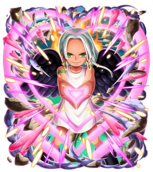 Rule 34 | 1girl, aiming, aiming at viewer, attack, black wings, bodskih, dark-skinned female, dark skin, devil fruit power, dress, earrings, explosion, hand on own hip, heart, heart hands, indoors, jewelry, lips, looking at viewer, non-web source, official art, one piece, one piece treasure cruise, s-snake, seraphim (one piece), smile, standing, star-shaped pupils, star (symbol), symbol-shaped pupils, transparent background, white dress, white hair, wings, yellow eyes