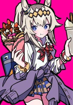 1girl ahoge animal_ears bag blue_eyes blue_skirt blush bow bowtie bracelet brown_skirt cardigan cardigan_around_waist carrot cheek_bulge chocolate closed_mouth clothes_around_waist collared_shirt crepe ear_ornament eating food fruit grey_hair hair_between_eyes hair_ornament hairband highres holding holding_crepe holding_food horse_ears horse_girl jewelry kikkasoon long_hair long_sleeves looking_at_viewer milkshake multicolored_hair oguri_cap_(umamusume) ponytail purple_cardigan red_bow red_bowtie school_bag school_uniform shirt shoulder_bag skirt smile solo strawberry umamusume whipped_cream white_shirt