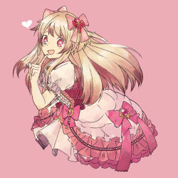 Rule 34 | 1girl, artist request, blonde hair, chaos marie (grimms notes), dress, frills, gradient hair, grimms notes, hair ribbon, heart, heart-shaped pupils, jewelry, long hair, multicolored hair, open mouth, pendant, pink background, pink eyes, puffy short sleeves, puffy sleeves, ribbon, short sleeves, simple background, smile, symbol-shaped pupils, upper body