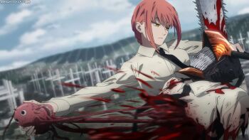 1boy 1girl absurdres blood blood_stain braid braided_ponytail chainsaw_man cloud cloudy_sky cross death graveyard highres hill intestines long_hair magimeoka makima_(chainsaw_man) necktie organs pink_hair pochita_(chainsaw_man) sharp_teeth sky teeth torn_clothes yellow_eyes