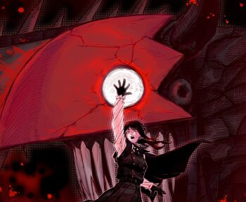 1boy 1girl absurdres black_hair chainsaw chainsaw_devil chainsaw_man collared_shirt commentary cross_scar denji_(chainsaw_man) dress english_commentary facial_scar facing_to_the_side fourth_east_high_school_uniform gloves highres long_hair looking_at_viewer open_mouth pinafore_dress ringed_eyes scar scar_on_cheek scar_on_face scar_on_nose school_uniform sharp_teeth sharpski shirt sleeveless sleeveless_dress teeth white_shirt yoru_(chainsaw_man)