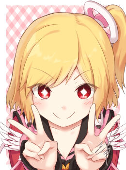 +_+ 1girl absurdres black_sailor_collar blonde_hair blush commission double_v emilia_percival half_updo highres looking_at_viewer phantasy_star phantasy_star_portable_2 portrait red_eyes sailor_collar signature skeb_commission smile soanote solo v v-shaped_eyebrows