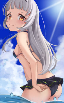1girl absurdres adjusting_clothes adjusting_swimsuit arched_bangs ass bikini black_bikini blue_sky blush breasts closed_mouth cloud cowboy_shot day from_side grey_hair highres hololive light_rays loli long_hair looking_at_viewer looking_back murasaki_shion ocean orange_eyes outdoors ramkilog sky small_breasts smile solo swimsuit v-shaped_eyebrows virtual_youtuber wading water yellow_eyes