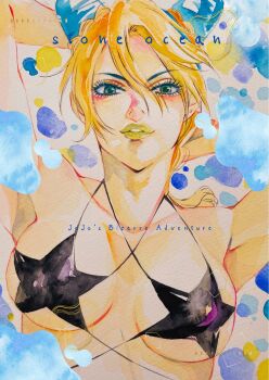 1girl armpits arms_behind_head arms_up bikini black_bikini blonde_hair blue_hair braid braided_ponytail breasts commentary commentary_request d60257781 double_bun english_text eyelashes eyeshadow green_eyes green_lips hair_between_eyes hair_bun halterneck highres jojo_no_kimyou_na_bouken kuujou_jolyne looking_at_viewer makeup medium_breasts multicolored_hair parted_lips solo star_(symbol) star_bra stone_ocean swimsuit traditional_media two-tone_hair upper_body