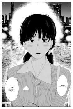 1girl blush chainsaw_man city collared_shirt earrings english_text greyscale highres jewelry kanojo_okarishimasu kurohana14 looking_at_viewer low_twintails mitaka_asa monochrome night open_mouth outdoors scene_reference shirt solo speech_bubble twintails