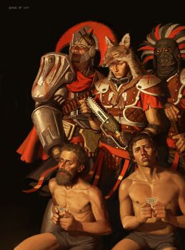 Rule 34 | 5boys, absurdres, armor, bandana, beard, black background, blood, blood on face, boxers, brown hair, caesar's legion, cape, deimos art, facial hair, fallout: new vegas, fallout, fox pelt, goggles, highres, kneeling, knife, leather armor, legionary (fallout), lottery, male underwear, multiple boys, nosebleed, pauldrons, pelt, plume, shoulder armor, signature, skirt, underwear, vulpes inculta