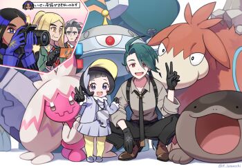 2boys 3girls :d ahoge black_hair black_necktie black_pants blunt_bangs botamochi_(exwelder) brown_footwear camera camerupt clodsire collared_shirt commentary_request copperajah dress eyelashes geeta_(pokemon) gen_3_pokemon gen_4_pokemon gen_8_pokemon green_hair grey_eyes hassel_(pokemon) holding holding_camera larry_(pokemon) looking_at_viewer magnezone multiple_boys multiple_girls necktie nintendo open_mouth pants pantyhose pigeon-toed pokemon pokemon_(creature) pokemon_sv poppy_(pokemon) rika_(pokemon) shirt shoes smile spread_legs squatting suspenders taking_picture tinkaton translation_request yellow_pantyhose