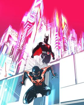 2boys animal_print artist_request bat_print batman_(series) batman_beyond bodysuit cape cityscape claws crossover dc_comics highres male_focus marvel miguel_o&#039;hara multicolored_bodysuit multiple_boys red_background simple_background spider-man_(2099) spider-man_(series) spider_print spikes superhero_costume terry_mcginnis two-tone_bodysuit