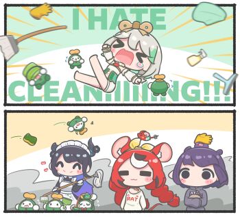Rule 34 | > <, 4girls, = =, ^ ^, absurdres, alternate costume, animal ears, apron, aqua hair, asymmetrical horns, black hair, blue hair, blush stickers, bottle, cecilia immergreen, cecilia immergreen (1st costume), chalk, closed eyes, commentary, crossed arms, english commentary, enmaided, grey hair, hair ribbon, hakos baelz, hakos baelz (sleepwellbae), highres, hololive, hololive english, horn ornament, horns, long hair, low twintails, maid, maid apron, maid headdress, medium hair, mop, mouse ears, mpien, mr. squeaks (hakos baelz), multicolored hair, multiple girls, nail (hardware), nerissa ravencroft, ninomae ina'nis, ninomae ina'nis (casual), otomo (cecilia immergreen), pointy ears, purple hair, red hair, ribbon, rock, spray bottle, squeegee, streaked hair, tail, tail ornament, tail ribbon, takodachi (ninomae ina'nis), tantrum, tentacle hair, twintails, two-tone hair, virtual youtuber, winding key