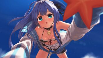 1girl :o absurdres all_fours anchor_(innocent_maid)_(nikke) anchor_(nikke) animal bikini black_bikini black_collar black_ribbon blue_bow blue_eyes blue_hair blue_jacket blue_nails blue_sky blurry bow breasts character_name cleavage cloud collar commentary_request depth_of_field foreshortening frilled_bikini frills front-tie_bikini_top front-tie_top goddess_of_victory:_nikke hair_bow hair_intakes hair_ornament hair_ribbon highres holding holding_animal jacket jacket_partially_removed kbkzsp7 long_hair long_sidelocks looking_at_viewer maid maid_bikini maid_headdress nail_polish perspective ponytail ribbon sidelocks sky solo starfish starfish_hair_ornament swimsuit unconventional_maid very_long_hair