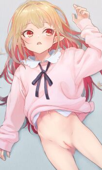 1girl bad_anatomy black_ribbon blush bottomless cleft_of_venus collared_shirt cowboy_shot grey_hair hair_down highres hip_bones loli long_hair long_sleeves lying makaino_ririmu multicolored_hair navel neck_ribbon nijisanji nude_filter on_back open_mouth pink_hair pink_sweater pointy_ears pussy red_eyes ribbon sabamen shirt simple_background sleeves_past_wrists solo streaked_hair sweater tagme third-party_edit two-tone_hair uncensored virtual_youtuber white_shirt