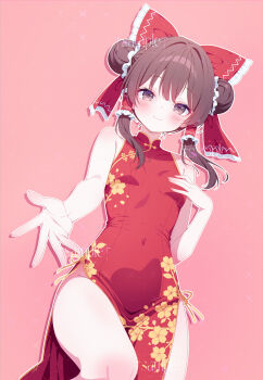 1girl absurdres alternate_costume alternate_hairstyle bow breasts brown_eyes brown_hair china_dress chinese_clothes chinese_commentary closed_mouth commentary_request covered_navel double_bun dress floral_print frilled_bow frilled_hair_tubes frills hair_bow hair_bun hair_tubes hakurei_reimu highres long_hair looking_at_viewer ohako_miyu outline pelvic_curtain print_dress reaching reaching_towards_viewer red_background red_bow sample_watermark side_slit simple_background sleeveless sleeveless_dress small_breasts smile solo thighs touhou watermark white_outline