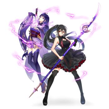 2girls arm_up asymmetrical_sleeves bare_shoulders black_boots black_dress black_gloves blunt_bangs boots braid breasts bridal_gauntlets cleavage closed_mouth clothing_cutout commentary_request crossover drawing_sword dress electricity engulfing_lightning_(genshin_impact) floating floating_hair friends frilled_dress frills from_side genshin_impact gloves glowing glowing_sword glowing_weapon grey_background hair_between_eyes hair_floating_upwards hair_flowing_over hair_ornament high_ponytail highres hikage4s holding holding_polearm holding_sword holding_weapon human_scabbard japanese_clothes katana kimono large_breasts light_smile long_bangs long_braid long_hair looking_at_viewer looking_to_the_side mitsudomoe_(shape) mole mole_under_eye multiple_girls musou_isshin_(genshin_impact) off_shoulder original polearm ponytail powering_up purple_eyes purple_kimono purple_thighhighs raiden_shogun red_eyes red_sash sash shade shadow shoulder_cutout simple_background single_braid single_glove sleeveless sleeveless_dress standing sword sword_between_breasts thigh_boots thighhighs tomoe_(symbol) uneven_sleeves weapon wide_sleeves